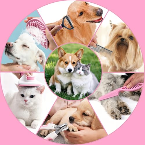 7PCS Dog Grooming Brush Kit for Shedding and Matted Fur (Pink)