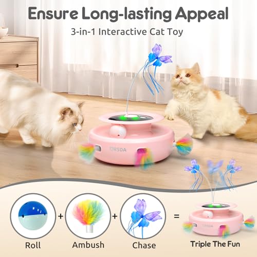 Cat Toy, 3-in-1 Automatic Interactive Electronic Moving Ambush Feather, Fluttering Butterfly, Track Balls, USB Rechargeable Powered Smart Indoor Exercise Kicker (Pink)