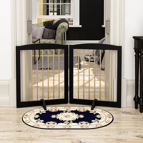 Freestanding Pet Gate for Dogs (24" Height-2 Panel / Black & Gold)