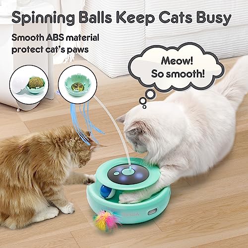 Cat Toy, 3-in-1 Automatic Interactive Electronic Moving Ambush Feather, Fluttering Butterfly, Track Balls, USB Rechargeable Powered Smart Indoor Exercise Kicker (Robin Egg Blue)
