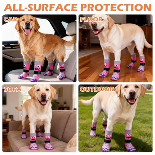 Dog Socks to Prevent Licking Paws with Grippers for Hardwood Floors Anti Slip (Large / Pink)