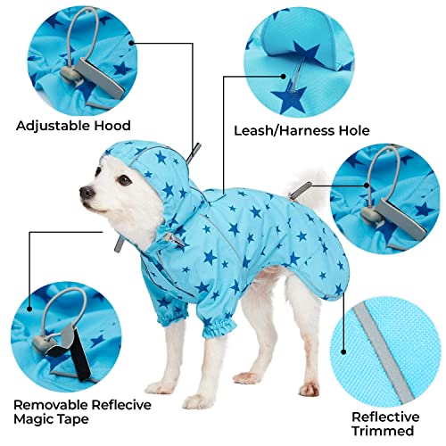 16" Star Prints Lightweight Reflective Waterproof Dog Raincoat with Hood & Harness Hole (16 Inch / 4-legged - Blue, Star Prints)