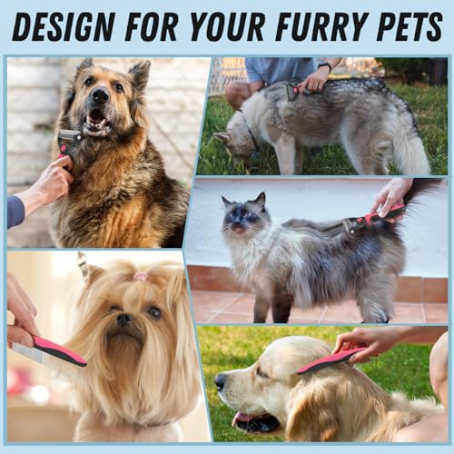 Pet Grooming Brush and Metal Comb Combo for Dogs & Cats (Pink)