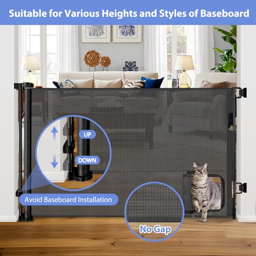 Retractable Baby Gates with Cat Door 80" Wide Retractable Dog Gate with Pet Door Outdoor Retractable Gate for Dogs Retractable Pet Gate with Door Mesh Baby Gate Retractable Mesh Dog Gate (Black / 33" X 80"(With Cat Door ))