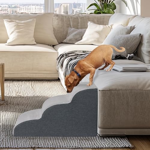 Pet Steps Dog Stairs for Sofa Couch and Bed High Density Sponge Pet Ramp with Removable Washable Cover Non (3-Steps Gray)