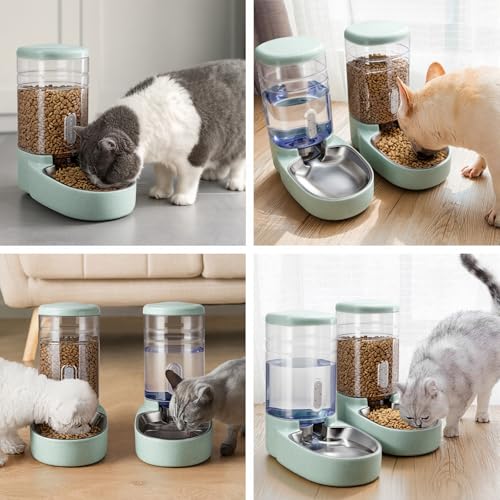 Automatic Cat Feeder and Water Dispenser with Stainless Steel Bowl Gravity Food Feeder and Waterer Set for Small Medium Dog Puppy Kitten 1 Gallon x 2 (Stainless Steel-Green)