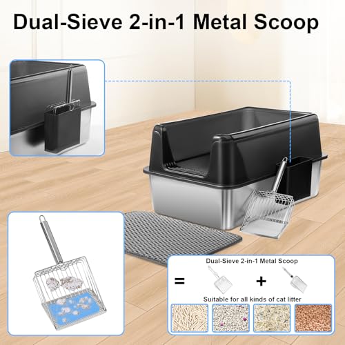 2 Pack Stainless Steel Cat Litter Box with Litter Scoop Holder