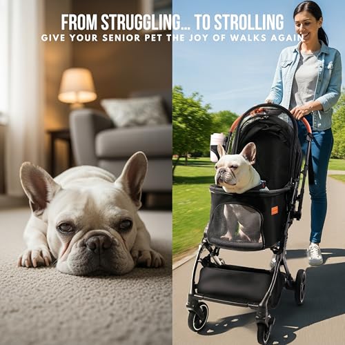 Foldable Dog Stroller for Small Medium Dogs & Cats (Black)