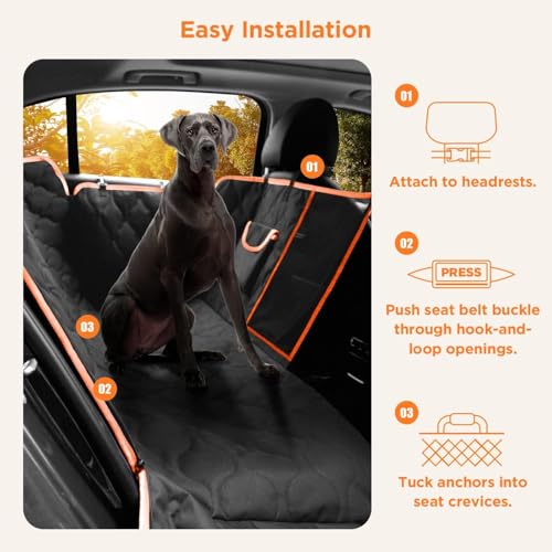 Waterproof Dog Car Seat Cover for Back Seat (Black With Orange Trim)