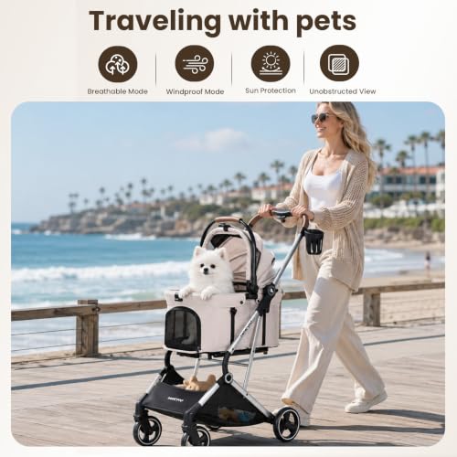T3 Pro Pet Stroller for Small Dog & Cats up to 44 lbs (Beige / T3 Pro)