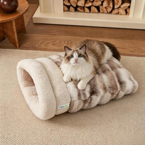 3 in 1 Semi Enclosed Self Warming Burrow Cat Bed Sleeping Cave (Style- Tie-Dye Grey)