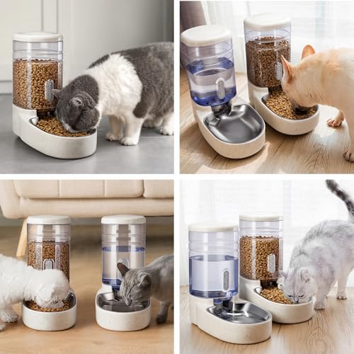 Automatic Cat Feeder and Water Dispenser with Stainless Steel Bowl Gravity Food Feeder and Waterer Set for Small Medium Dog Puppy Kitten 1 Gallon x 2 (Stainless Steel-Beige)