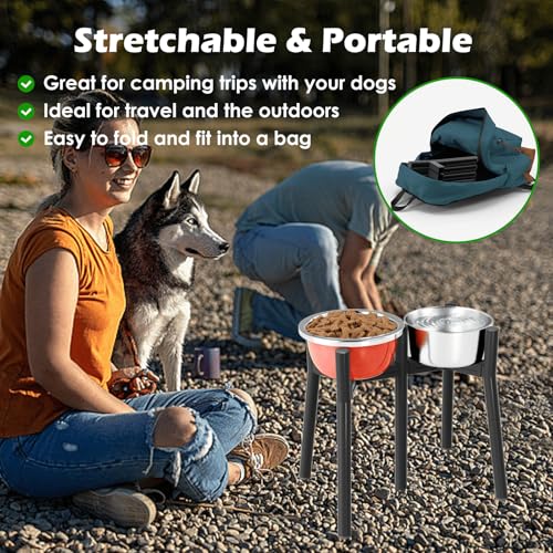 Raised Dog Bowl Stand for Large Dogs (Height: 13.7", Width: 7-10.6" / Black, 2-in-1, 13.7H-Round)