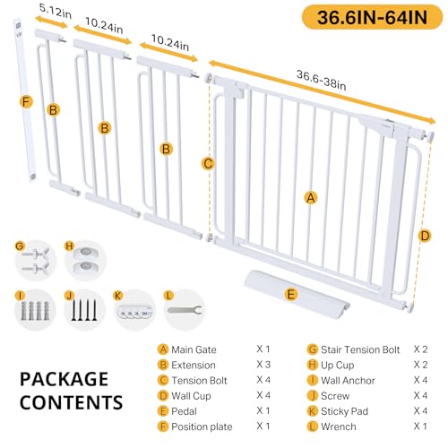 36.6 64 in Extra Wide Baby Gate for Stairs (White / 36.6-64"W x 30.5"H)