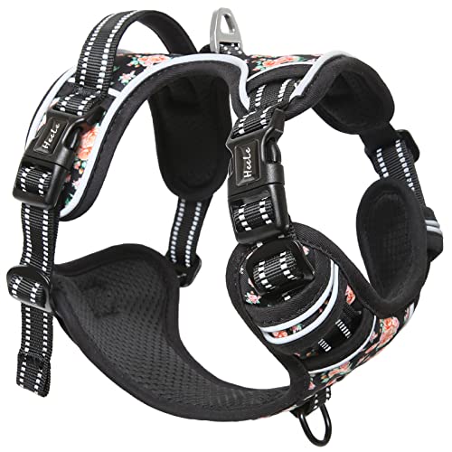 Dog Harness No Pull Adjustable Padded Reflective Harness for Small Medium Large Dogs with Handle for Walking Training (L / Flower-Black)