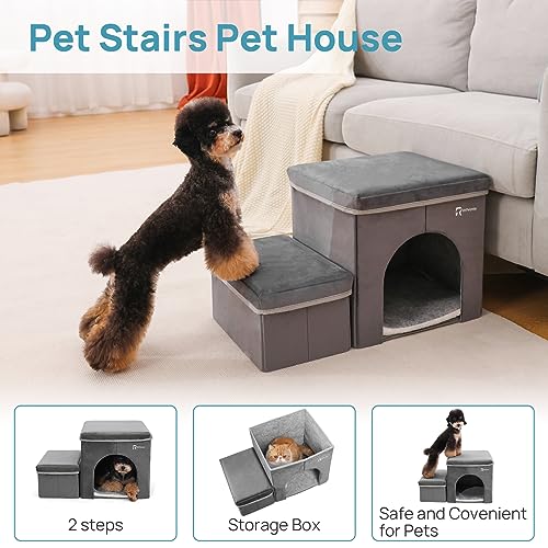 Foldable Pet Stairs with Cozy House & Storage (Dark Gray Suede)