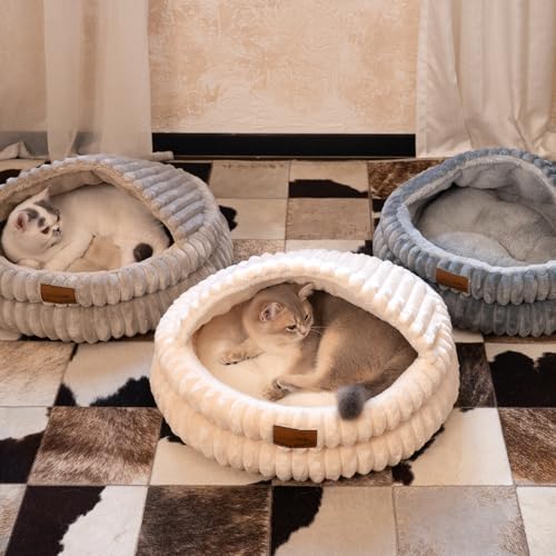 Cat Cave Bed for Indoor Cats Covered Hooded Pet Bed with Cushion (Khaki)