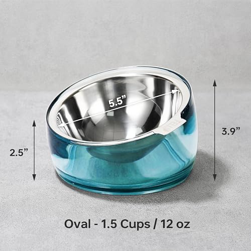 Pet Oblik Acrylic Raised Dog Food Water Bowl Stainless Steel Slanted Oval Dish for Short Leg Puppy & Small Medium Pet (Sapphire / 1.5 Cups Oval Dish)
