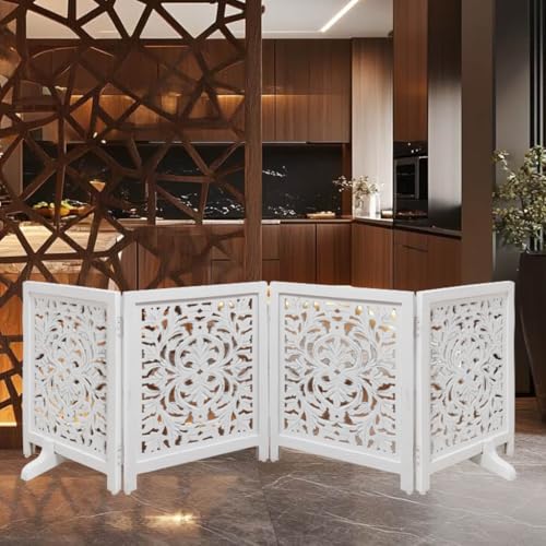 Lightnpro 4 Panel Wooden Dog Gate with Stopper (Antique White Carving / 24x72 - Oliver)