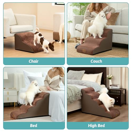 Wide Dog Stairs for Small Dog 15.7" H (Brown / Wide:17.7"x22.4"x15.7")