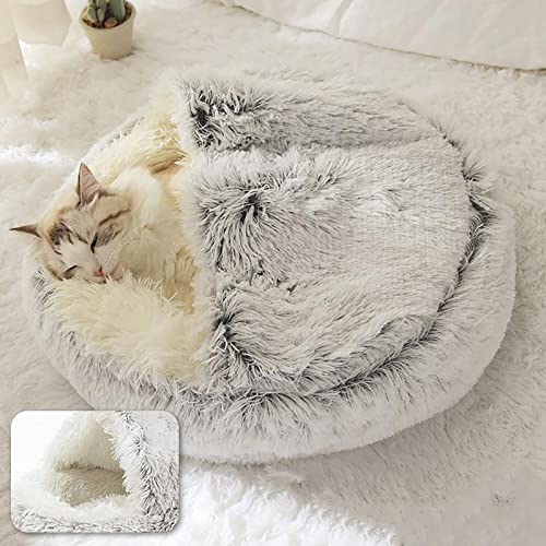 Cozy Cat Bed Round Plush Fluffy Hooded Cave (23.0"L x 23.0"W x 6.0"Th / grey)