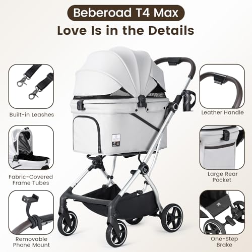 Beberoad Dog T4 Max Stroller for Small Medium Pets Elevated Viewing (T4 Max Gray)