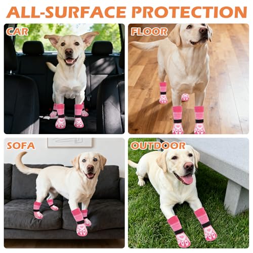 Dog Socks to Prevent Licking Paws with Grippers for Hardwood Floors Anti Slip (Pink / Large)