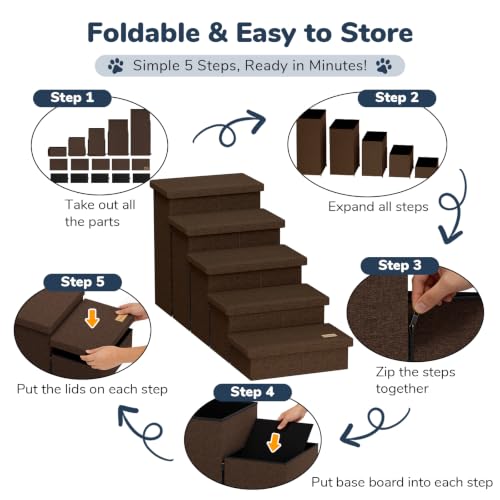 5 Step Wide Dog Stairs with Storage 23" H (Coffee / 50"D x 17"W x 23"H)