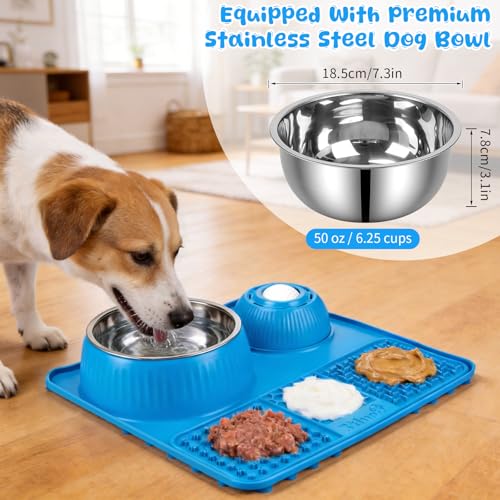 Slow Feeder Dog Bowl with Lick Mat & Interactive Rolling Ball (Light-Blue)