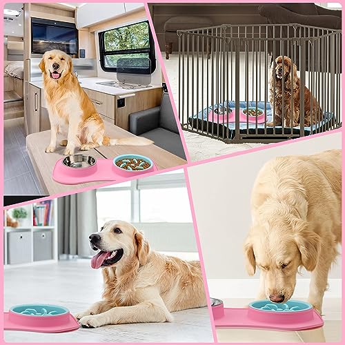 Slow Feeder Dog Bowls 3 in 1 Stainless Steel Food Water Bowl to Slow Eating (Large Breed / Pink)