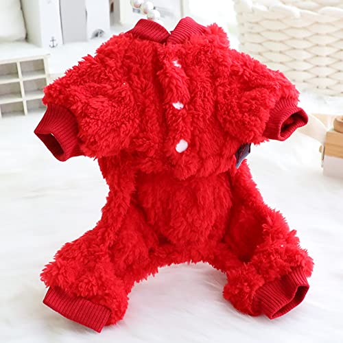 Plush Dog Pajamas for Cold Weather 4 Legged Clothes for Dog Cat Stretchy Puppy Kitten Onesie with Buttons Warm Soft Pet Jumpsuit Winter Coat Red Small (Small / Christmas Red)