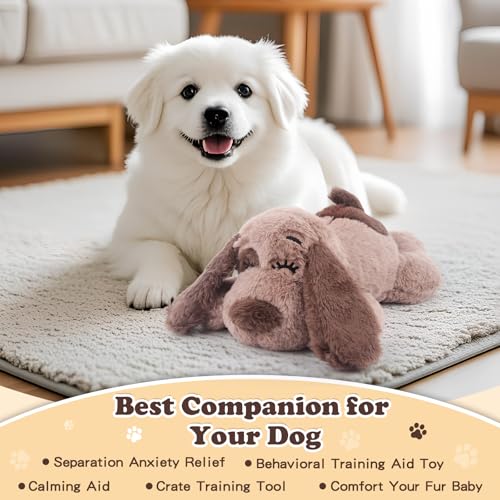 Beverly Shark Puppy Heartbeat Toy Dog Anxiety Relief Calming Aid Puppy Heartbeat Stuffed Animal Behavioral Training Sleep Aid Comfort Soother Plush Toy for Puppies Cats (Brown)