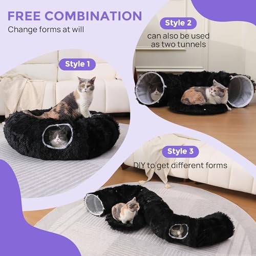 Plush Cat Tunnel Bed for Indoor Cats with Soft Cushion (Black)