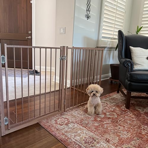 Freestanding Dog Gate with Door for Indoor & Outdoor (Brown / 【6 Panels with Door】156"W×30"H)