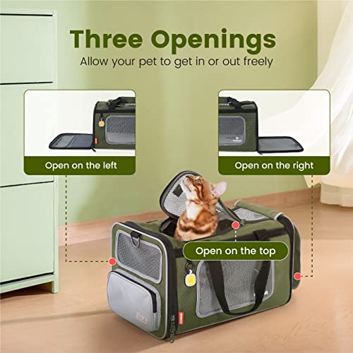 Cat Carrier Airline Approved Expandable Breathable Safety Leash (Grey and Olive Green)