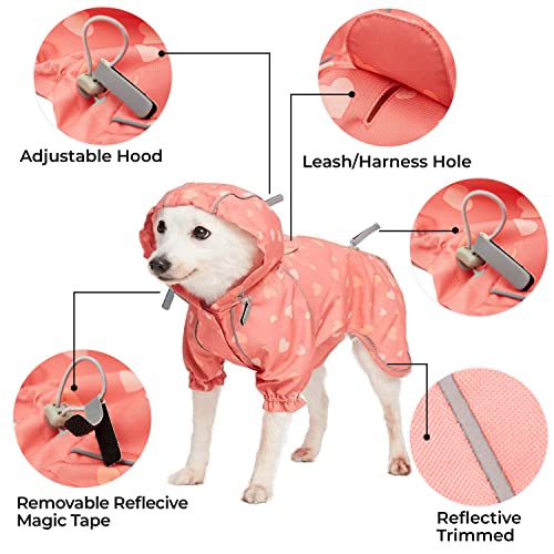 10" Heart Prints Lightweight Reflective Waterproof Dog Raincoat with Hood & Harness Hole (10 Inch / 2-legged - Pink, Heart Prints)