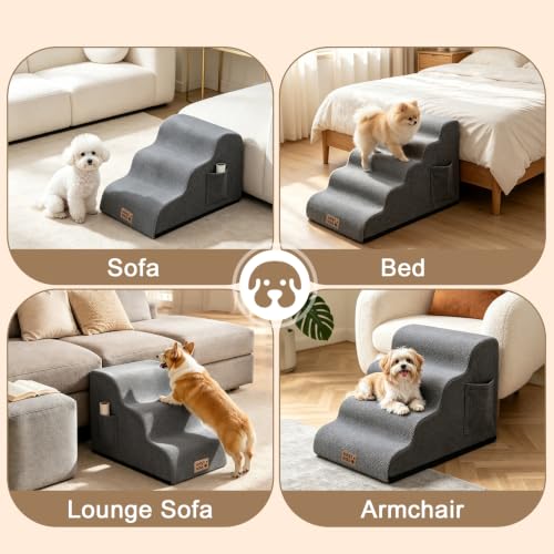 4 Step Dog Stairs for Small Dogs & Cats (Grey / (Mini) Round-13.8"H)