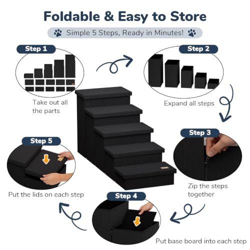 5 Step Wide Dog Stairs with Storage 23" H (Black / 50"D x 17"W x 23"H)