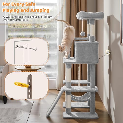 Cat Tree Tower for Large Cats (Light Gray / 54in)