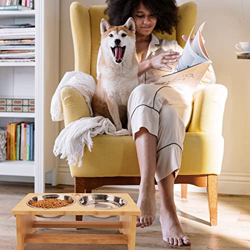 Elevated Dog Bowl Stand with 2 Stainless Steel Bowls (medium-7"tall,29 Oz bowl / Bamboo)