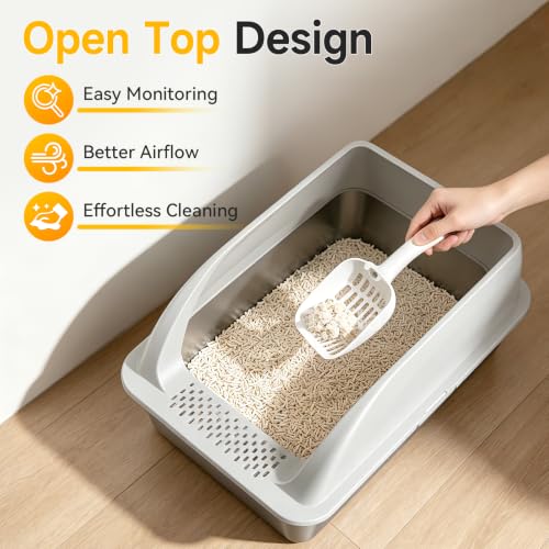 XL Open Top Stainless Steel Litter Box with High Sides (Light Gray-1Pack)