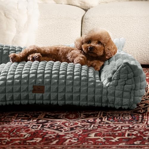 Cat Couch Bed with Fluffy Faux Rabbit Fur for Indoor Cats (Grey / Large: 36"L x 27"W x 10"Th)