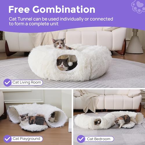 Plush Cat Tunnel Bed for Indoor Cats with Soft Cushion (White)