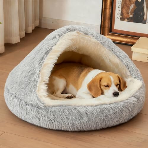 Round Plush Fluffy Hooded Cat Bed Cave (40.0"L x40.0"W x 7.0"Th / grey)
