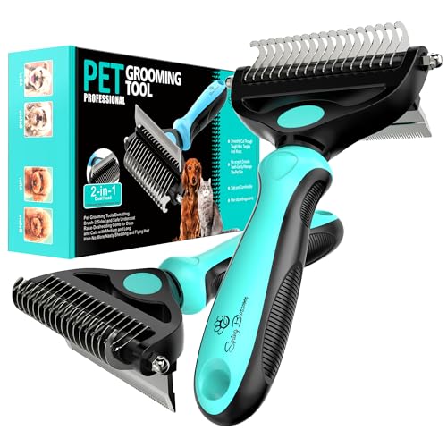 2 in 1 Professional Grooming Rake for Cats & Dogs (Cyan)