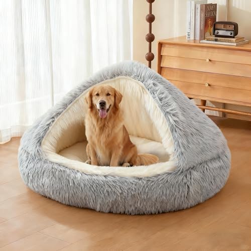 Round Plush Fluffy Hooded Cat Bed Cave (35.0"L x 35.0"W x7.0"Th / grey)
