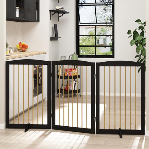 Freestanding Pet Gate for Dogs (32" Height-3 Panel / Black & Gold)
