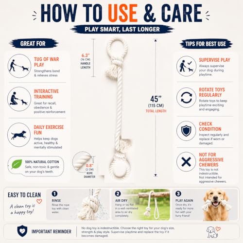 Cotton Dog Rope Toy with Dual Handles 45" Extra Long Tug Toy for Medium to Large Dogs (Interactive Play)