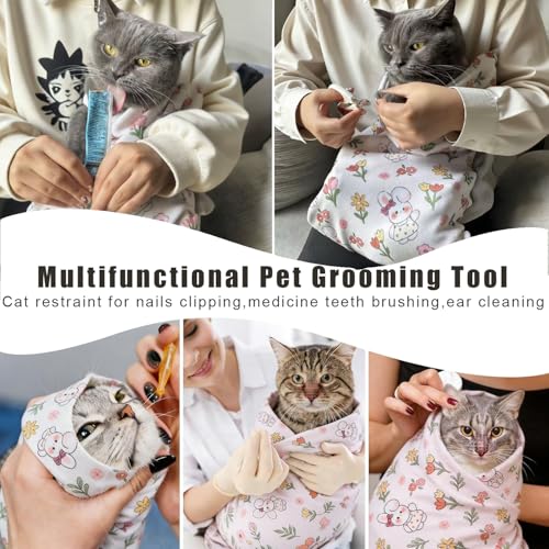 27.6‘’ Cat Grooming Wrap for Cutting Nails (L-27.6'' / Floral rabbit)