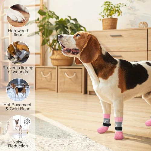 Dog Socks to Prevent Licking Paws for Hot (Reflective Pink / M(Pack of 4))